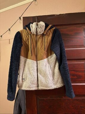 Kuhl Colorblock Fleece Hooded Jacket in Navy, Light Gray, & Tan